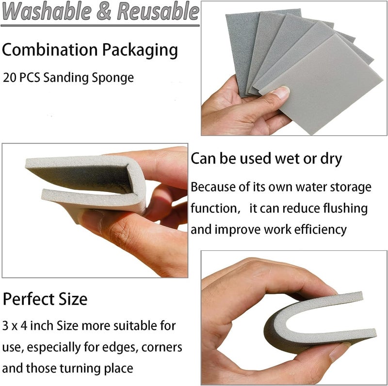 Tonmp 20 PCS 3 x 4 Inch 2000 Grit Sanding Sponge, Ultra Fine Sanding Sponges Pads, Soft Foam Hand Sander Block Wet Dry Sandpaper for Model Drywall Metal Wood Furniture Polishing (2000 Grit) - Image 3